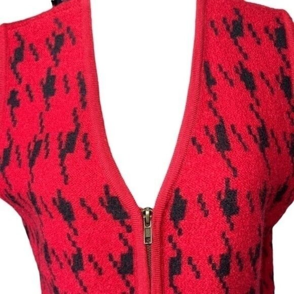Crystal-Kobe Womens Wool Houndstooth Zip-Up Sweater Vest Red & Black Vintage Siz - Picture 8 of 11
